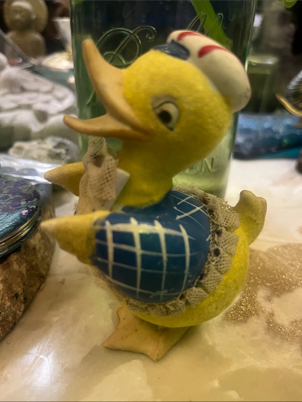 Vintage Yellow Duck Figurine with Blue Plaid Shell